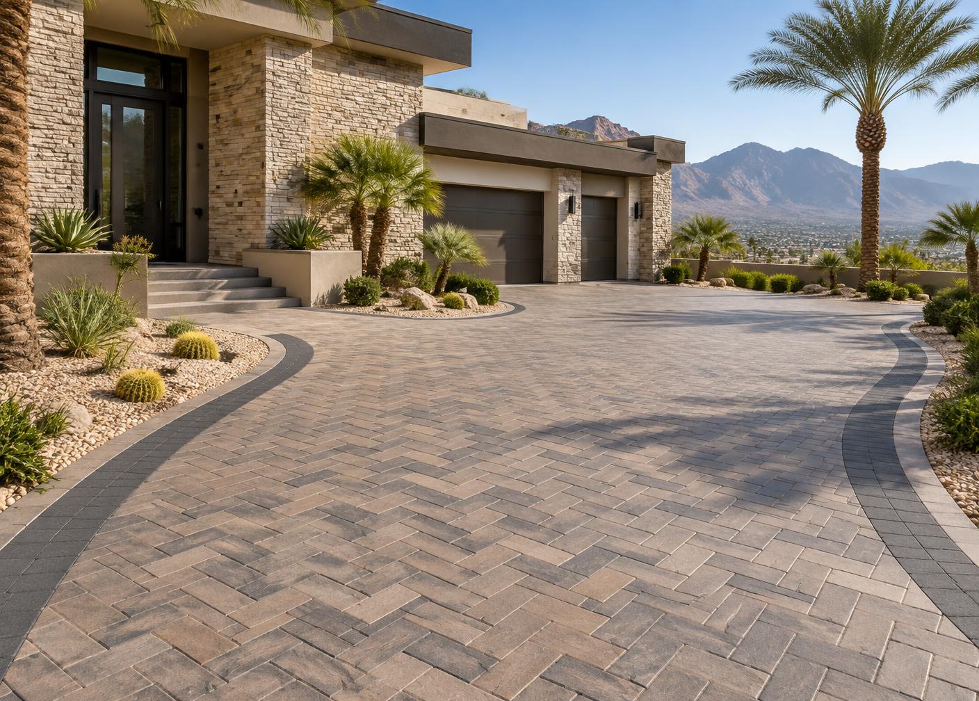Expansive herringbone paver driveway at a desert-modern Henderson home