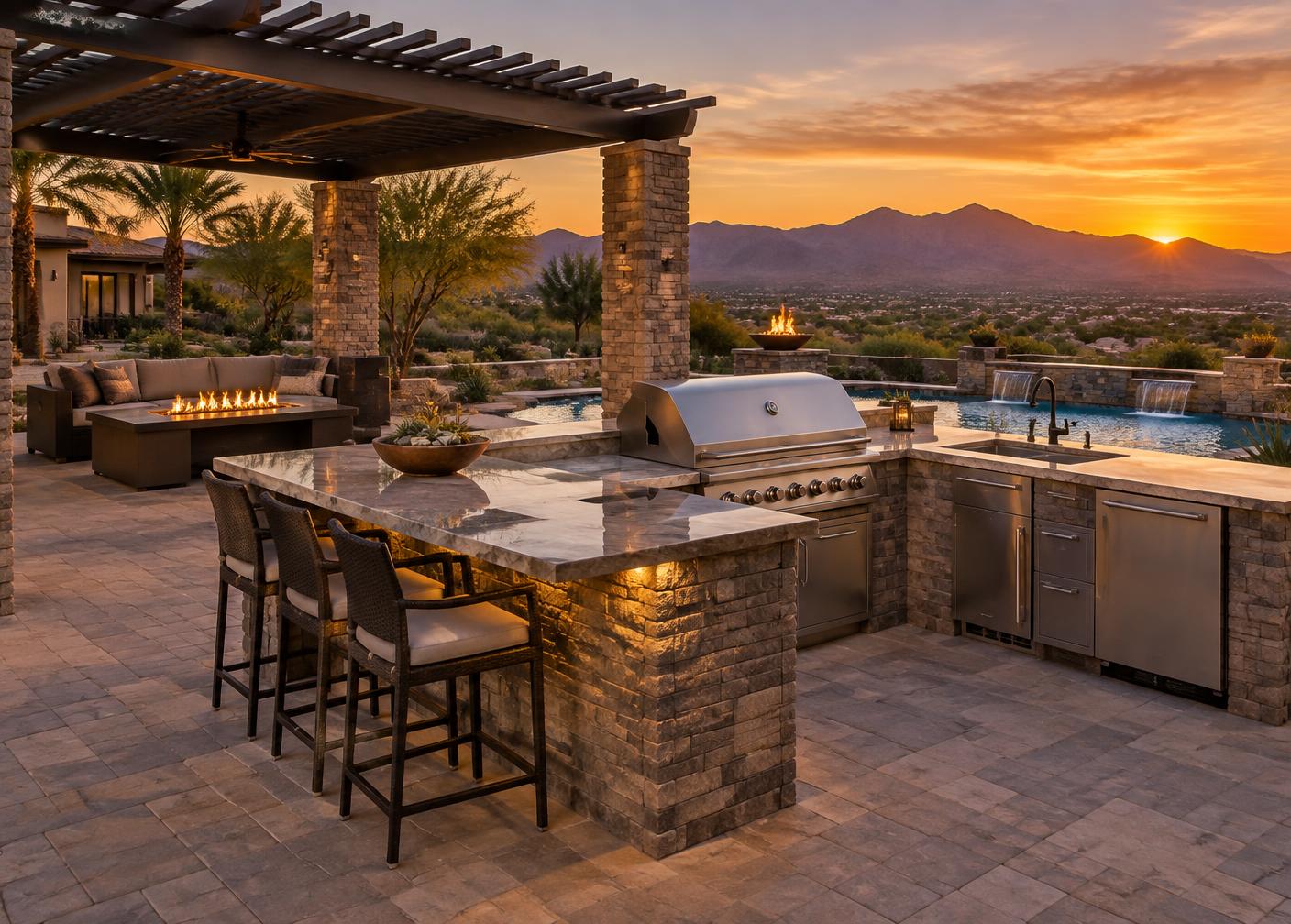 Concept image of an outdoor kitchen and paver patio